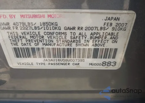 2008 Mitsubishi Lancer De from USA, damaged, VIN JA3AU16U08U007395